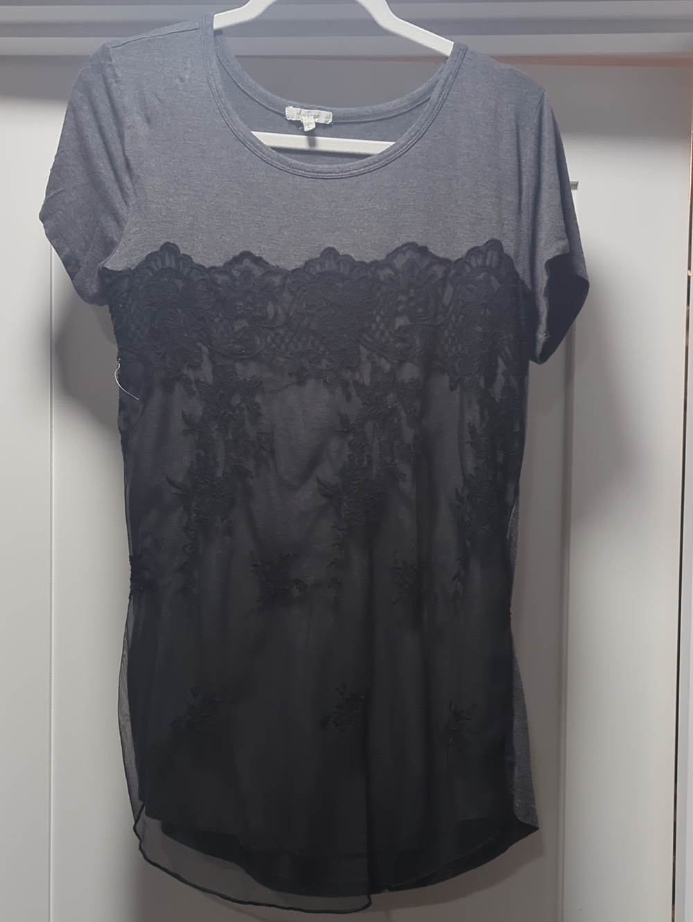 Maurices Gray And Black Lace-Front Short Sleeve Top